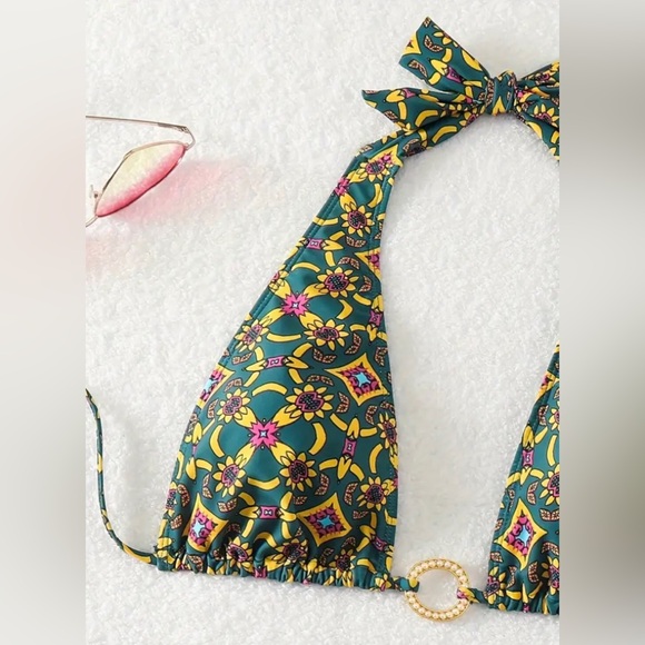 Vibrant Multi-Colour “Boho-Lux” Bikini Halter Top High-cut Bottom with Ties NEW - Picture 3 of 8